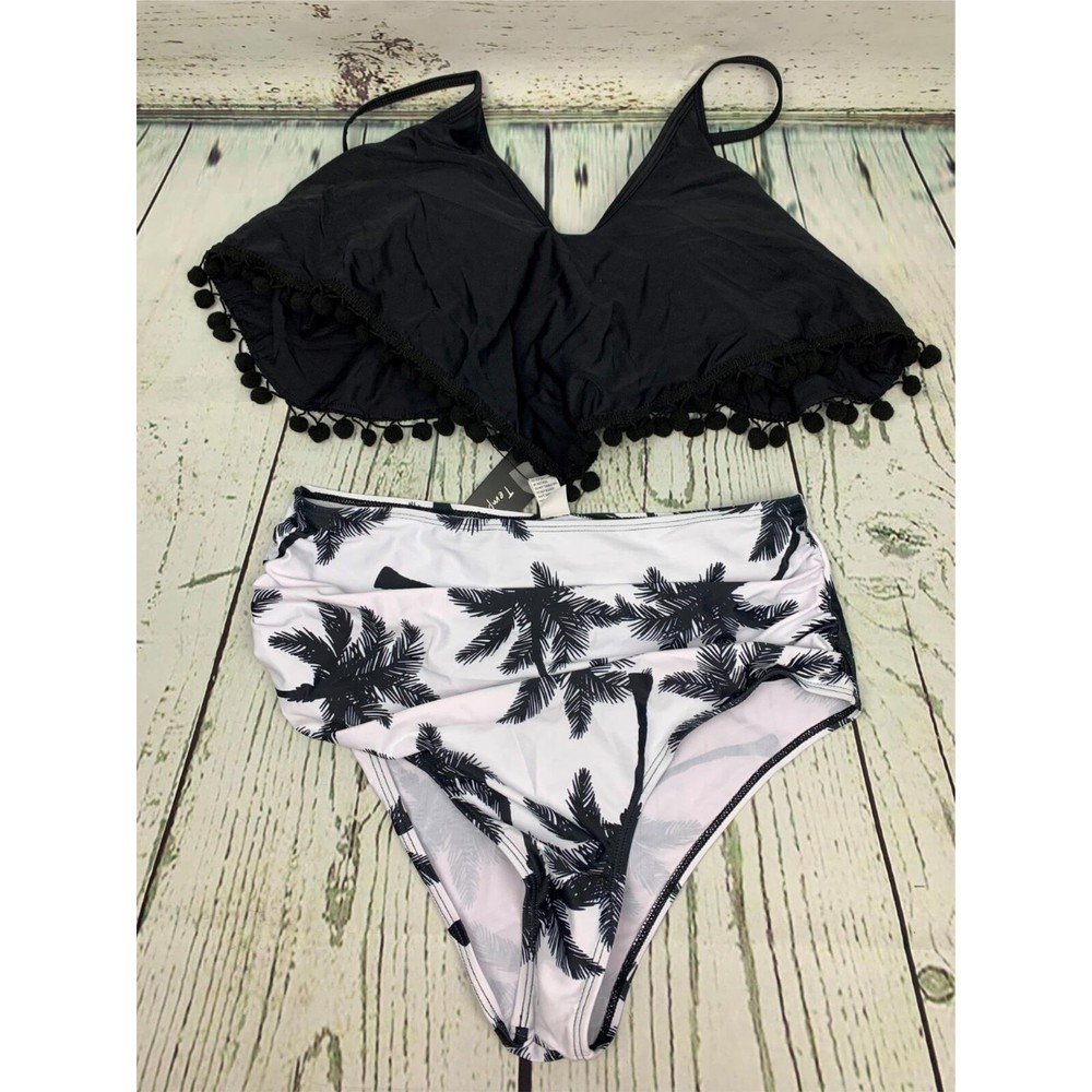High Waisted Bikini Swimsuit for Women Flounce Pom Pom Trim Bathing XL